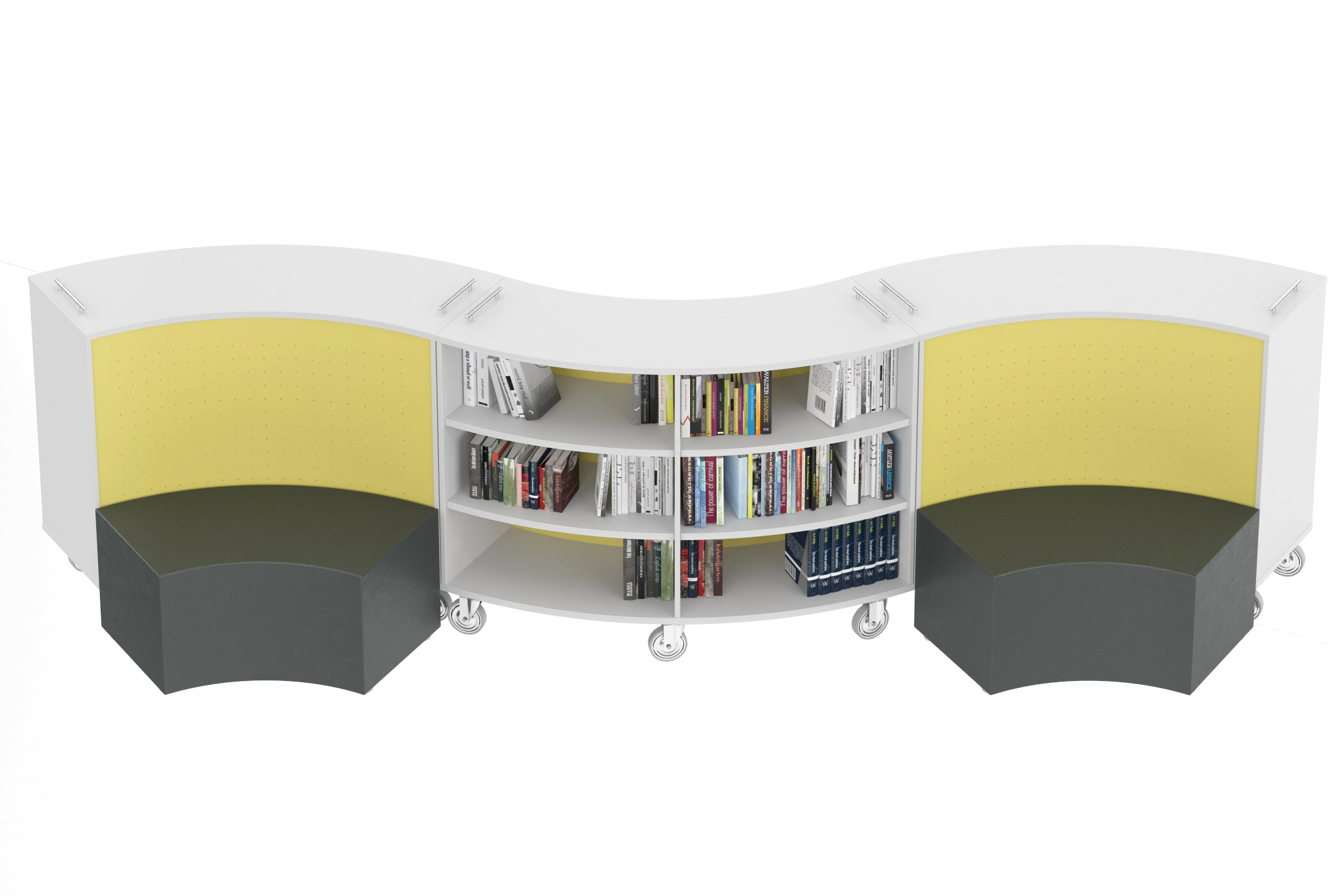 Libreria curva modulare su ruote, composta da tre elementi