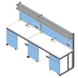 Banco parete piano Polipropilene cm 300x83x90/170H con porta servizi e 2 ripiani