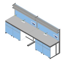 Banco parete piano Laminato HPL Duropal cm 360x83x90/170H con porta servizi e 2 ripiani