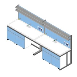 Banco parete piano Polipropilene cm 360x83x90/170H con porta servizi e 2 ripiani
