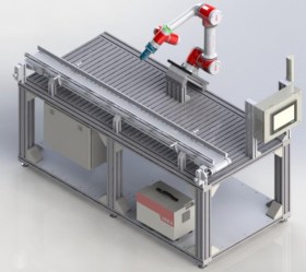 Isola per processi di automazione con braccio robotico (5kg payload) e nastro trasportatore